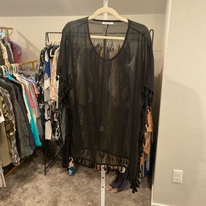 Adreamly Sheer Black Tassel Trim Swim Cover-Up Kimono OSFM